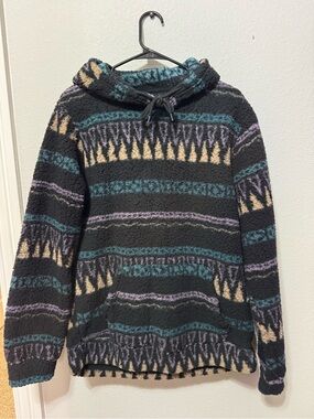 Men's Patterned Sherpa Crewneck Hoodie - Black with Teal, Purple & Cream